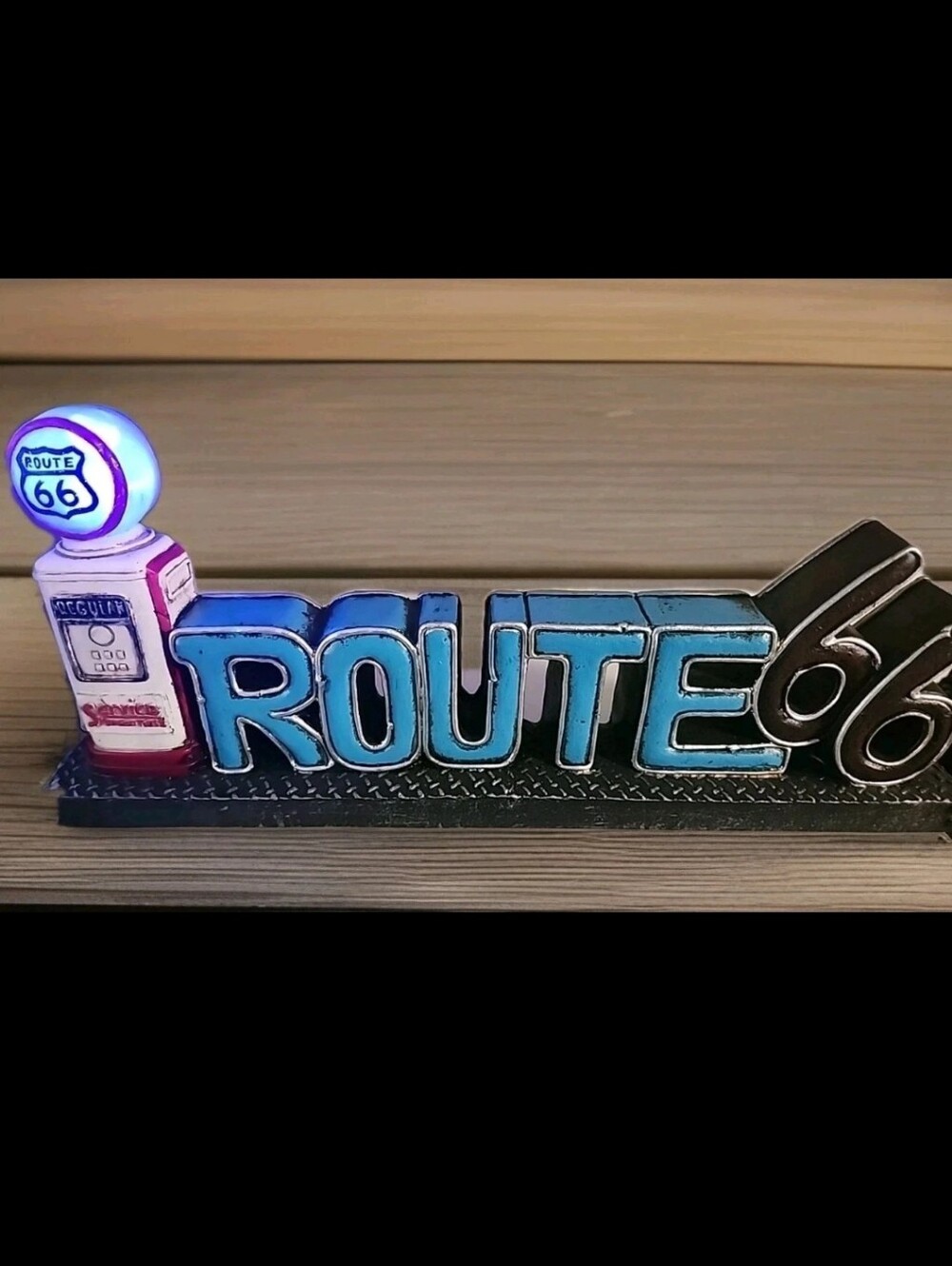 Route 66 Vintage Look Gas Pump And Light Up  Sign With Batteries Included.